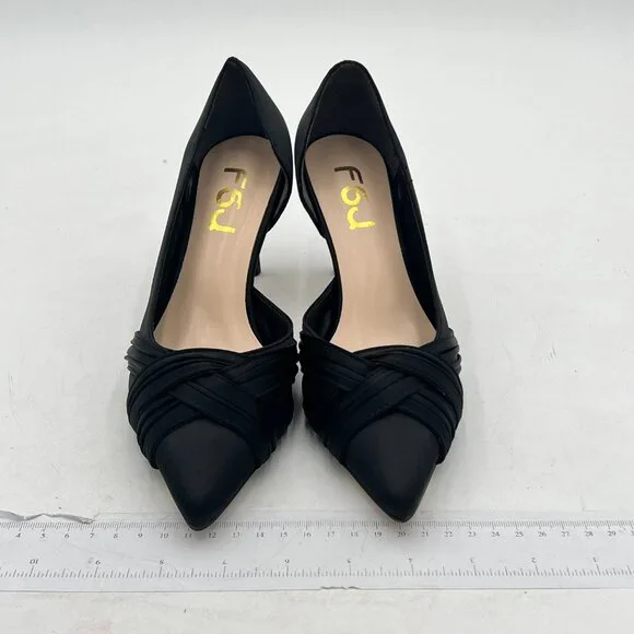 FSJ Black Mid Heels Pointed Toe Slip on Pumps D'Orsay Pleated Satin Shoes - Picture 3 of 8